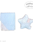 Stork And Baby light blue sherpa baby blanket with embossed dots and star pattern, and matching star pillow with "baby" embroidery.