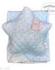 Stork And Baby light blue sherpa blanket with a matching star pillow embroidered with 'baby'.
