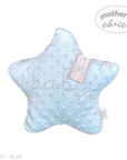 Stork And Baby light blue star-shaped sherpa blanket with "baby" embroidered in grey thread.