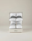 Stork And Baby boys 2 pack white cotton socks with grey and black striped cuffs, presented in a clear gift box.
