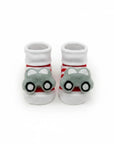 Stork And Baby white and red striped baby socks with grey car rattle detail. Soft cotton blend.