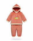 Stork And Baby coral fleece tracksuit with hood and "Love" embroidery. Soft, warm, and cozy for baby girls.