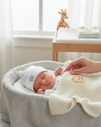 Stork And Baby white 100% cotton 3-piece set with 'Love Beyond Words' embroidery and lion detail on blanket.