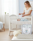 Stork And Baby 100% cotton 2 pack baby bibs with a bunny graphic and "Reach for the stars" text. Grey trim.