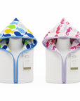 Stork And Baby white 100% cotton hooded towels with playful sea creature prints in fish blue and seahorse pink.