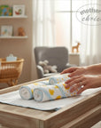 Stork And Baby Mothers Choice 3 pack baby hooded towels with yellow duck print and blue trim on a changing table