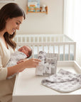 Stork And Baby grey elephant hooded towel, washcloths, and wash sponge set for baby bath time.