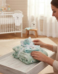 Stork And Baby Mothers Choice Dudu Blanket for boys, a mint green plush blanket with white polka dots and an attached elephant toy.