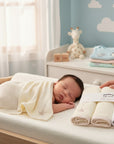 Stork And Baby embroidered facecloth set, 3 pack, soft cotton, white, yellow, and grey with star detail.