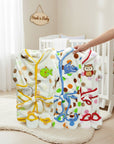 Stork And Baby Mother's Choice Baby Fleece Gown and Slipper Set in yellow, blue, and pink with animal appliques.