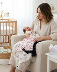 Stork And Baby mother's Choice 2 pack baby girl rompers in pink with hearts and navy with polka dots.