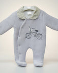 Stork And Baby grey padded velour baby grower with bicycle embroidery and gingham trim