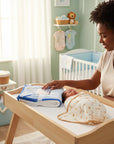 Stork And Baby white and blue 100% cotton hooded baby towel with boat design