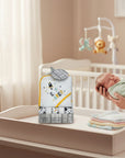 Stork And Baby white hooded towel and 5 washcloths set with rocket and star print, yellow trim.