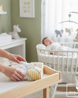 Stork And Baby 3-piece hooded baby towels and 3-piece facecloths set in yellow and white stripes with bee print.