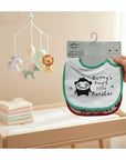 Stork And Baby Infant's 2 pack bibs with a hungry monster design and green trim. Cotton material.