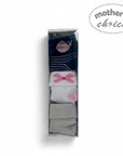 Stork And Baby Mothers Choice 3 pack infant socks, navy, white, grey with pink bows, 0-6 months, cotton blend.