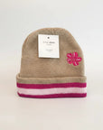 Stork And Baby brown knit infant winter hat with pink flower embroidery and striped brim.