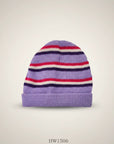 Stork And Baby infants winter hat with purple, pink, and white stripes. Soft knit material.