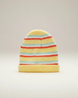 Stork And Baby yellow striped knit infants winter hat with red and light blue stripes