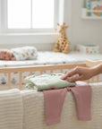 Stork And Baby 8 piece Koala gift set with mint green bodysuit and pink leggings, includes blanket, bib, cap, washcloths.