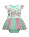 Stork And Baby mint green cotton bodysuit with pink and mint tulle skirt, featuring 'Sweet Little Girl' glitter graphic.