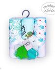 Stork And Baby Mothers Choice 3 pack baby hooded towels with turtle and sea life prints and a green turtle toy