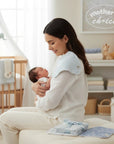 Mother's Choice blue bamboo 3 pack facecloths with a subtle heart pattern, 70% bamboo, 20% cotton, 10% poly.