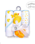 Stork And Baby Mothers Choice 3 pack baby hooded towels featuring yellow duck prints and polka dots with rubber toys