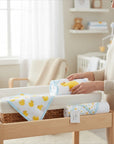 Stork And Baby Mothers Choice 3 pack baby hooded towels and washcloths with yellow duck print on a changing table