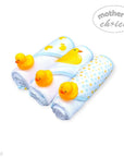 Stork And Baby Mothers Choice 3 pack baby hooded towels with yellow rubber duck toys and blue polka dot patterns