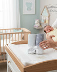 Stork And Baby Mothers Choice grey bamboo 2pk hooded towels with acorn and leaf print. Gift boxed.