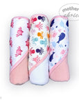 Stork And Baby Mothers Choice 3 pack baby hooded towels featuring colourful whale, octopus, and crab marine patterns.