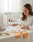 Mothers Choice Infant Girls 2 Piece Set 'Be Kind' white top with floral embroidery and orange pants with butterfly detail.