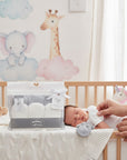 Stork And Baby Mothers Choice 6 Pack Newborn Mittens in white and grey, made of soft cotton for delicate skin.