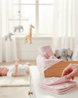 Stork And Baby Mothers Choice pink bamboo 3 pack facecloths with white leaf pattern. Gift box.
