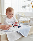 Stork & Baby nautical hooded towel and facecloth set in white and light blue with embroidered ship wheel and anchor.