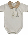 Stork And Baby neutral 100% combed cotton baby romper with teddy bear and "Amore" embroidery.