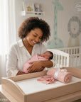 Stork and Baby pink bamboo cotton muslin wrap for newborns, 100x100cm, with a subtle leaf print.