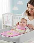 Stork and Baby pink 3-piece burp cloth set for infants, soft absorbent fabric, ideal for feeding time messes.