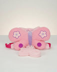 Stork And Baby pink butterfly harness with purple flower details and adjustable straps