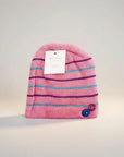 Stork And Baby pink striped knit infant winter hat with purple and blue button details