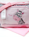 Stork And Baby pink and grey zebra print diaper bag with embroidered giraffe and butterfly detail.