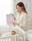 Stork And Baby Elie Rainbow 4 pack 100% cotton bandana bibs with clouds, rainbows, and bears. Pink, white, and grey.