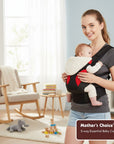 Stork And Baby red 3-way baby carrier with adjustable straps and padded support for baby. Woman wearing carrier in a nursery setting.