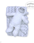 Stork And Baby Mothers Choice plush white sheep toy resting on a soft grey and white chevron coral fleece baby blanket