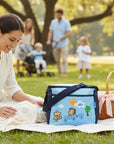 Stork And Baby Small blue diaper bag with a fun zebra and car applique, perfect for quick outings.
