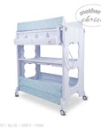 Stork And Baby white baby bath caddy with blue star print changing mat and storage shelves on wheels
