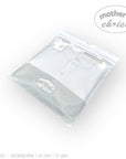 Stork And Baby white 2-piece babygrow set with snap closures, packaged in a clear bag.