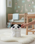 Stork And Baby white 100% cotton baby towel with panda face and ears, tied with a white ribbon.